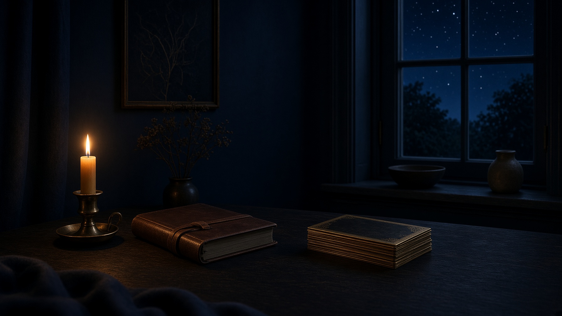 A quiet night study with a candle, a leather journal, and a stack of gold-edged cards.