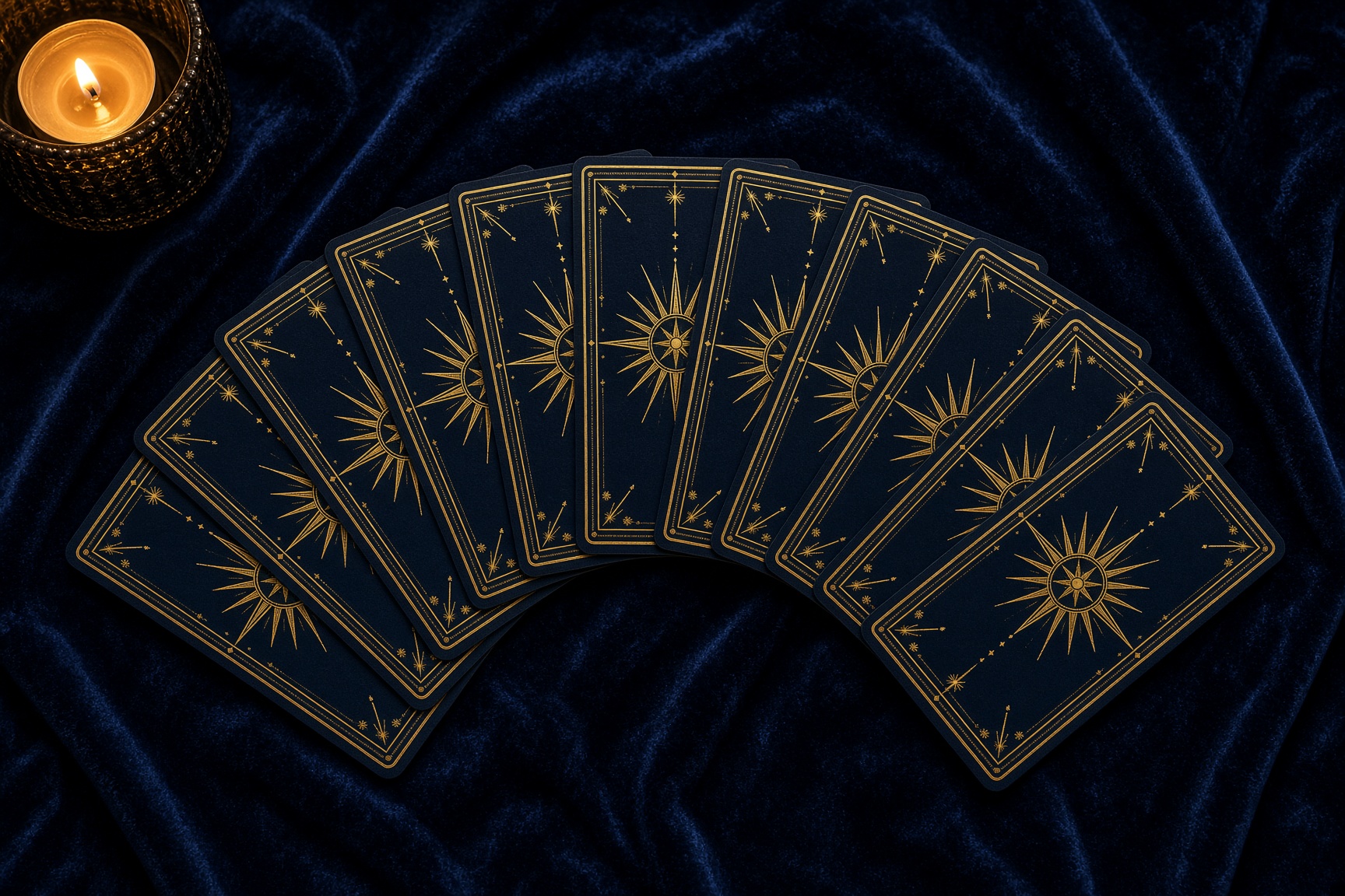 A fan of face-down tarot cards on navy velvet.