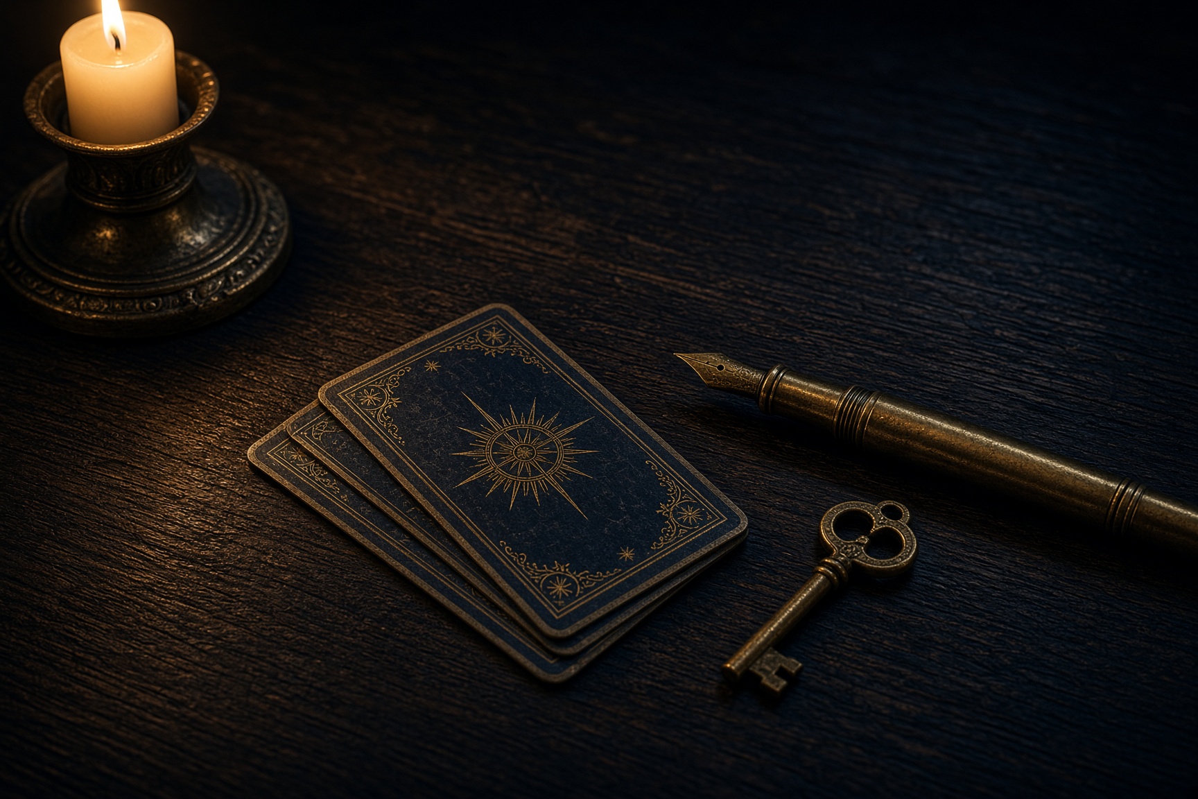 Tarot cards, a brass pen, and a key on dark wood.