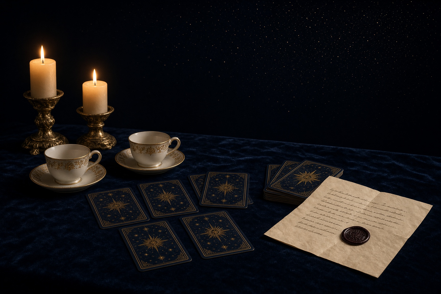 Two teacups and tarot cards on navy velvet for a family reading.