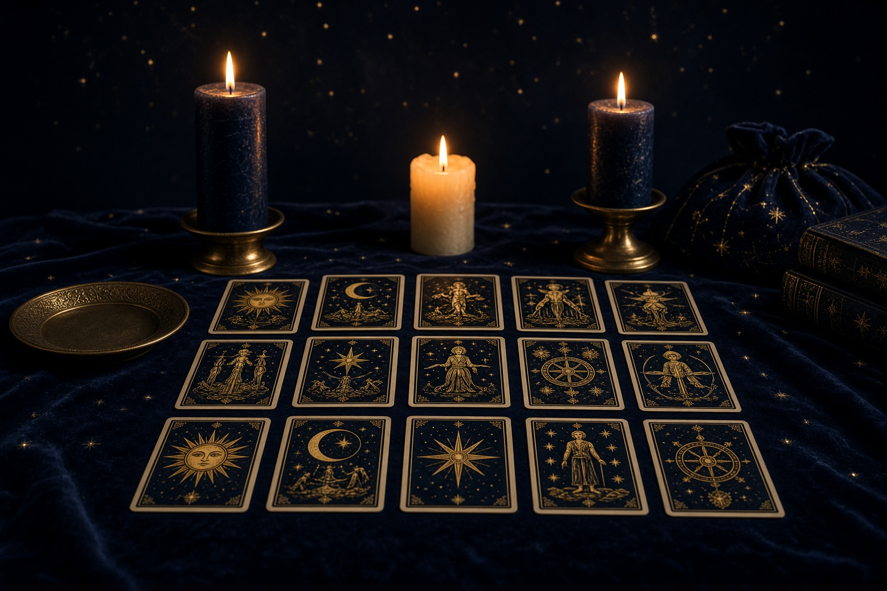 A full spread of gold-edged tarot cards in warm candlelight.