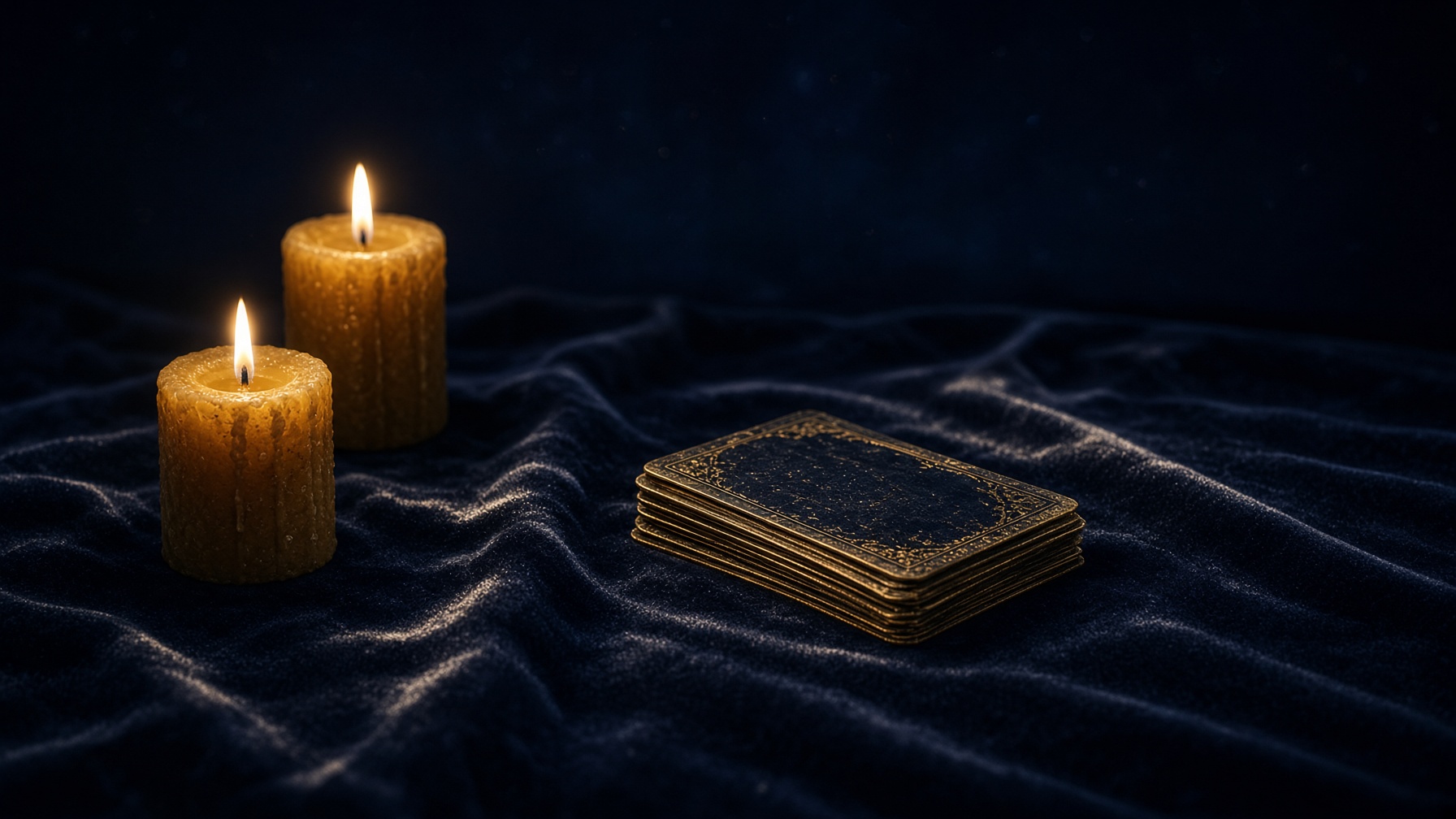 Candlelit tarot table with gold-edged cards on navy velvet.