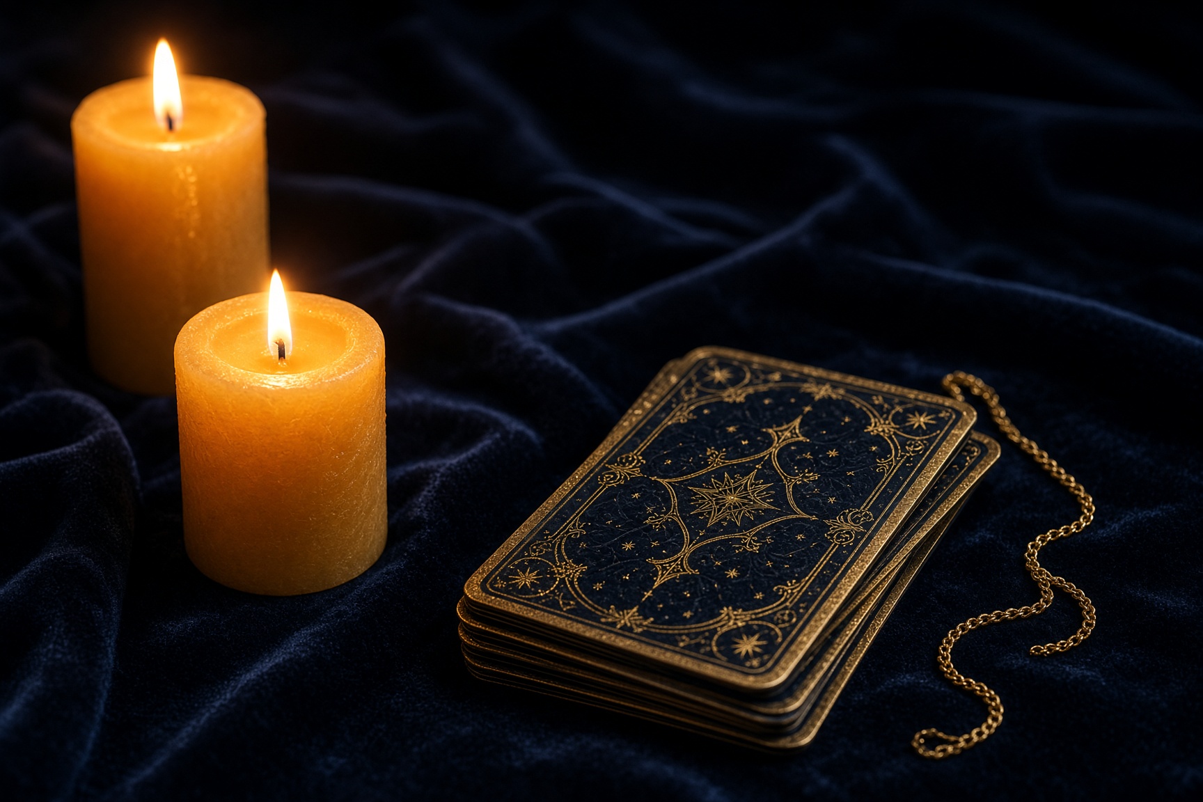 Candles and tarot cards on velvet for a love tarot reading.