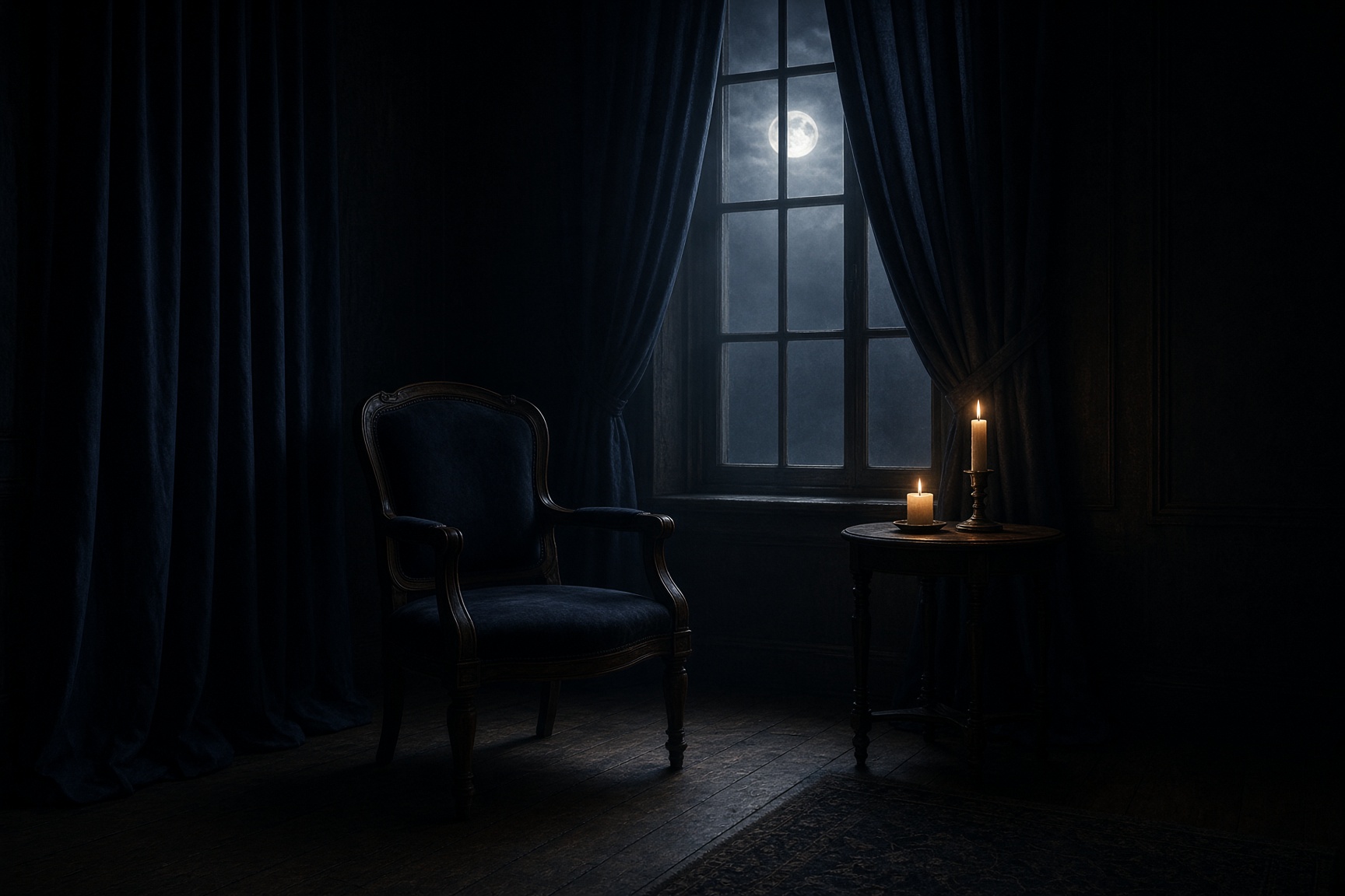 An empty chair by a moonlit window with candles.