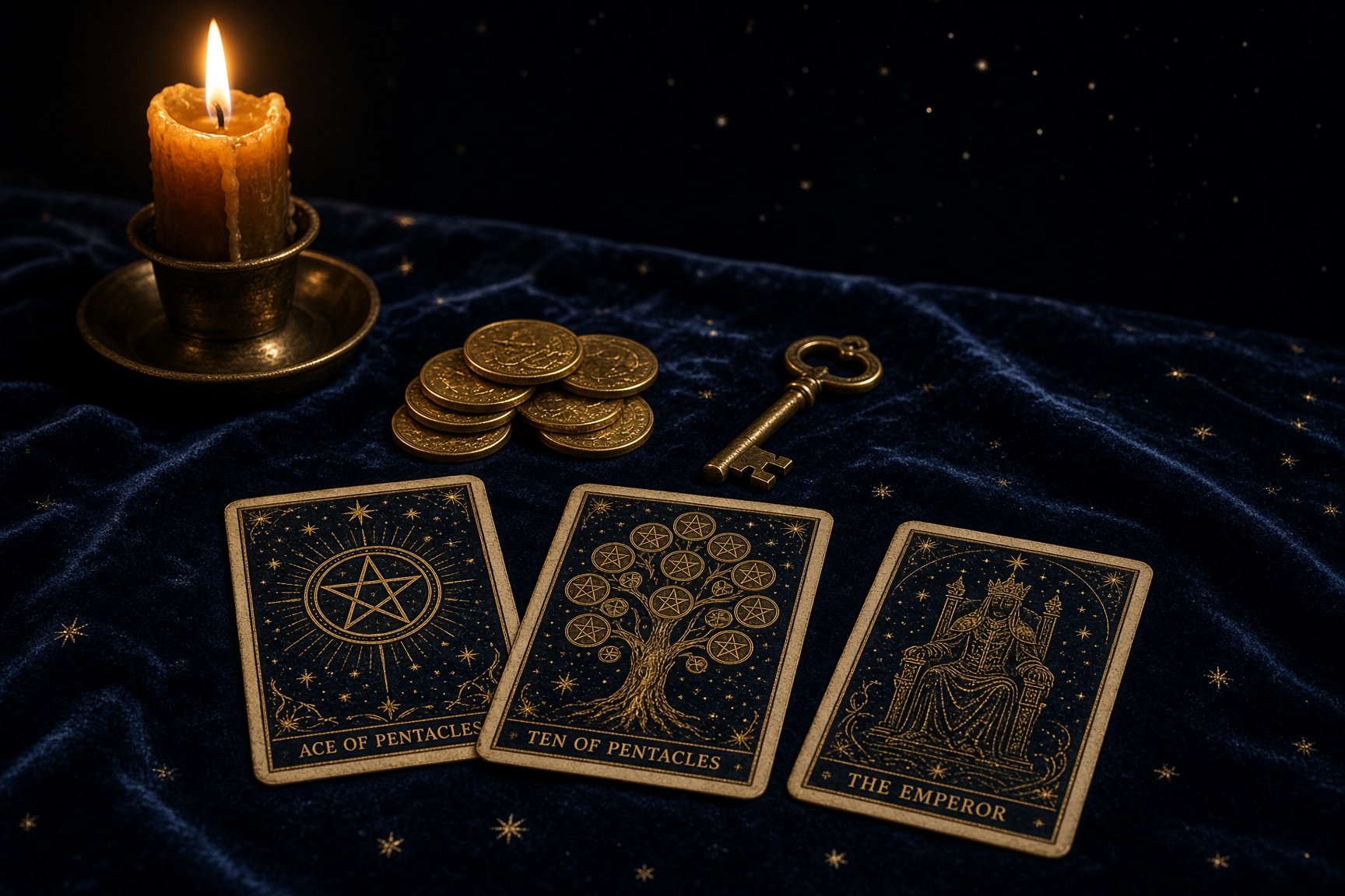Antique coins, a brass key, and gold-edged tarot cards in candlelight.