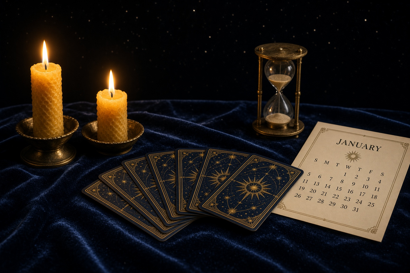 An hourglass, a calendar page, and tarot cards in candlelight.