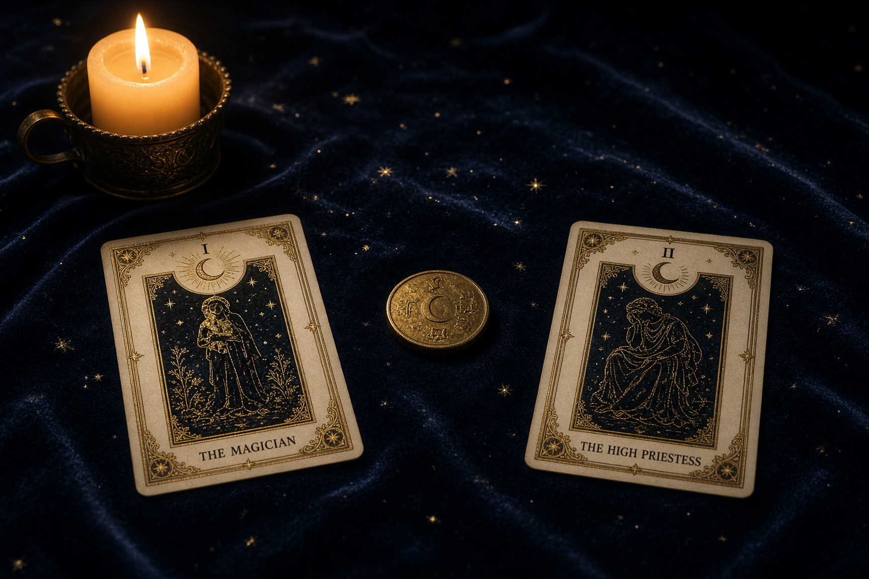 Two tarot cards and a gold coin on navy velvet.
